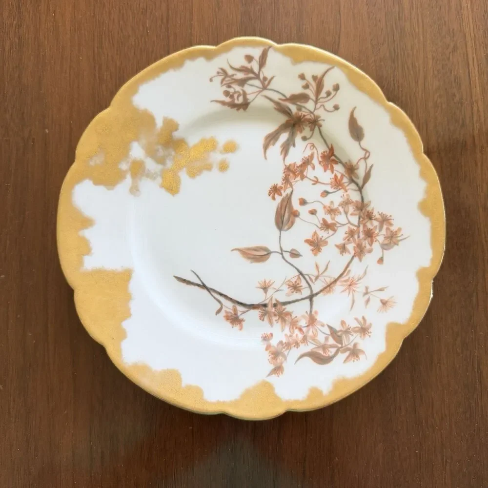 Antique H & Co Limoges Hand Painted Floral Orange Gold 7 3/4” Gold Edge Soft